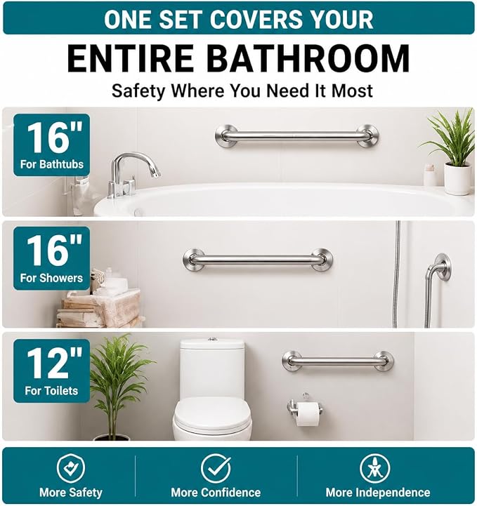 Grab Bars for Shower 3 Pack, 2x16 & 1x12 Stainless Steel Safety Handrails, Heavy Duty Wall Mounted Grab Bars for Bathroom, Stairways, Hallways, Toilet, Handicap & Elderly Support, 500 lbs