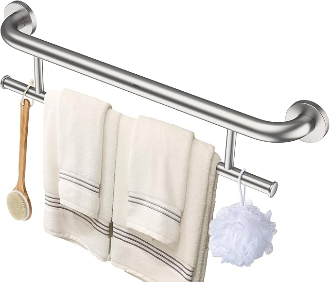 Brushed Nickel Towel Grab Bar 24 Inch - 1.25” Diameter, Zepolu Stainless Steel Safety Bar w/Towel Holder, Shower Assist Balanced Support Handle, Wall Mounted Bathroom Grab Rail for Senior Elderly