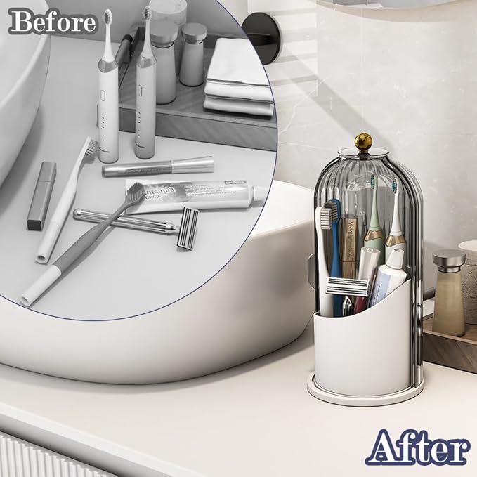 Toothbrush and Toothpaste Holders with Cover, Grey White | Waterproof and Dustproof, 360° Rotating Base, Smooth Sliding Door, 3 Slots, for Bathroom Countertop