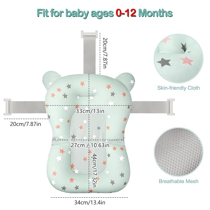 Colorlife Baby Bath Seat Support Net Infant Bathing Seat Support Mat, Adjustable Comfortable Non-Slip Three-Pointed Baby Shower Net Bathtub Sit Up Mesh for Newborn 0-12 Months-Green Star(No Bathtub)