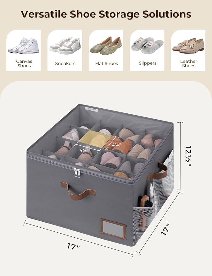 StorageWorks Shoe Organizer for Closet, Fabric Shoe Storage Boxes for Slippers and Sandals, Stackable Shoe Bins for Closet with Side Mesh Pockets, Holds Up to 16 Pairs, Grey