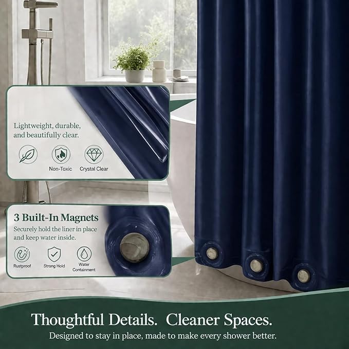EHZNZIE Navy Blue Shower Curtain Liner 72x72, PEVA Waterproof Bath Curtain, No Chemical Smell, 3 Weighted Magnets, Durable with Rustproof Metal Grommets