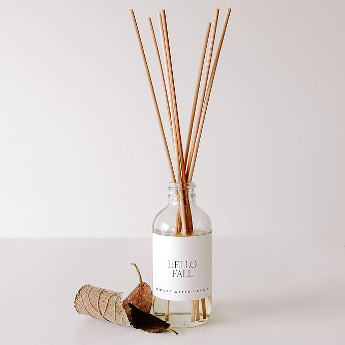 Sweet Water Decor Hello Fall Reed Diffuser Set - Hot Cider, Cinnamon, Cloves, Apple, and Nutmeg Fall Scented Diffuser - Scent Diffusers for Home, Fall Home Long Lasting Fragrance, Made in the USA