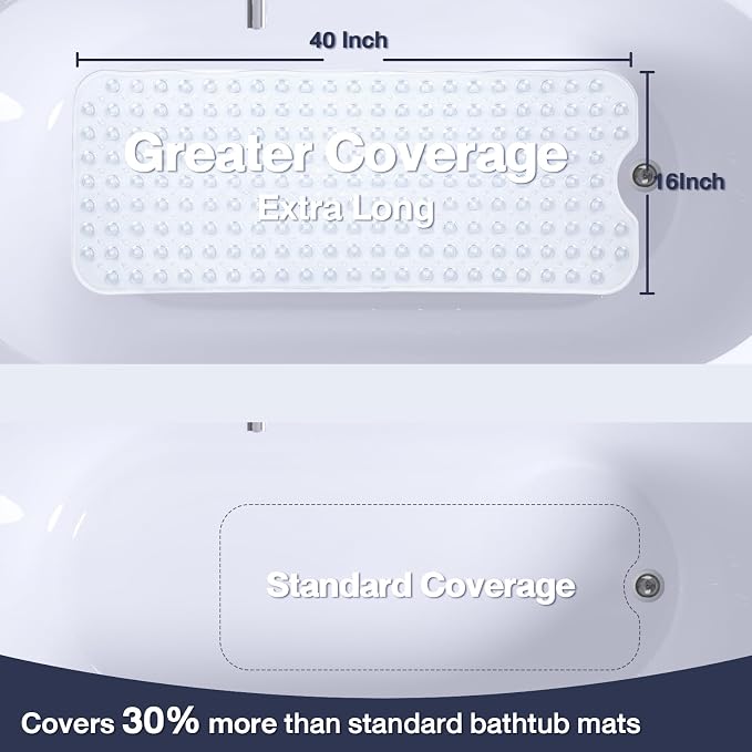 Extra Long Clear Bathtub Mat Non Slip, Soft Bath Mat for Tub 40 x 16 Inch Full Size, Bath Tub Shower Mats for Bathroom Floor with Big Suction Cups and Drain Holes, Easy Washable, BPA Free