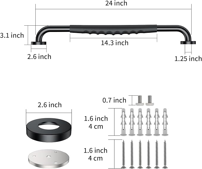 2 Pack 24 Inch Black Shower Grab Bar w/Anti Slip Rubber Grip,ZUEXT Stainless Steel Bath Grab Bar,Bathroom Balance Bar,Wall Mount Safety Handrail Support,Handicap Injury Elderly Senior Assist Handle