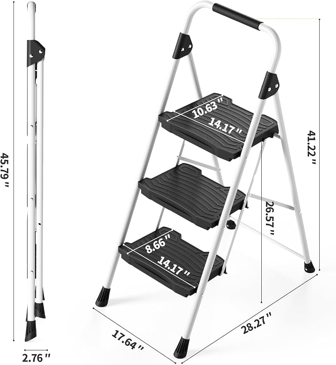 KINGRACK 3 Step Folding Ladder, 900 lbs Load Capacity, Non-Skid Large Pedals, Handrail, Safety Lock, Sturdy Step Stool for Home, Office, Garden, Multi-Purpose, White