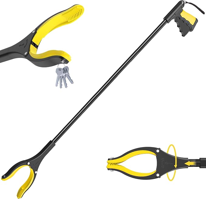 59 Inch Extra Long Grabber Reacher Tool，Pick Up Stick for Seniors with Strong Grip Magnetic，360°Rotating Anti-Slip Jaw 4" Wide Claw Opening,Hand Grabber for Reaching (YellowBlack, 59INCH)