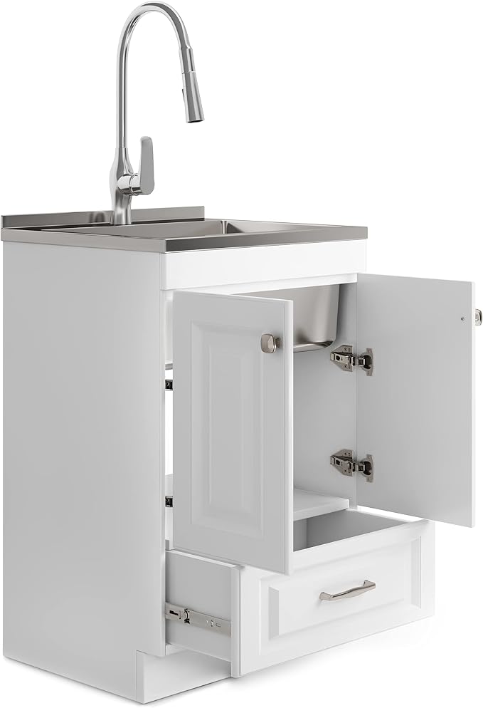 SIMPLIHOME Lawrence All-in-One 24 inch Wide Utility Sink and Laundry Cabinet in Pure White Finish, Transitional Stainless Steel Sink Cabinet for Laundry Rooms with High-Arch Brushed Nickel Faucet