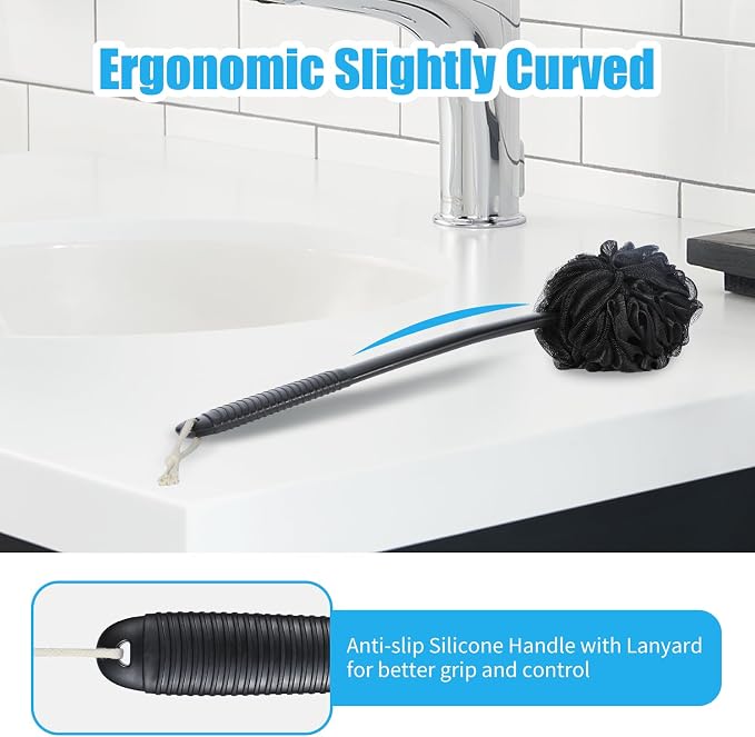 VANZAVANZU Loofah Sponge Set Loofah Exfoliating Body Scrubber, Anti-Slip Plastic 17" Handle Loofah on a Stick with Fluffy Shower Sponge, PE Soft Mesh Shower Loofahs-Black