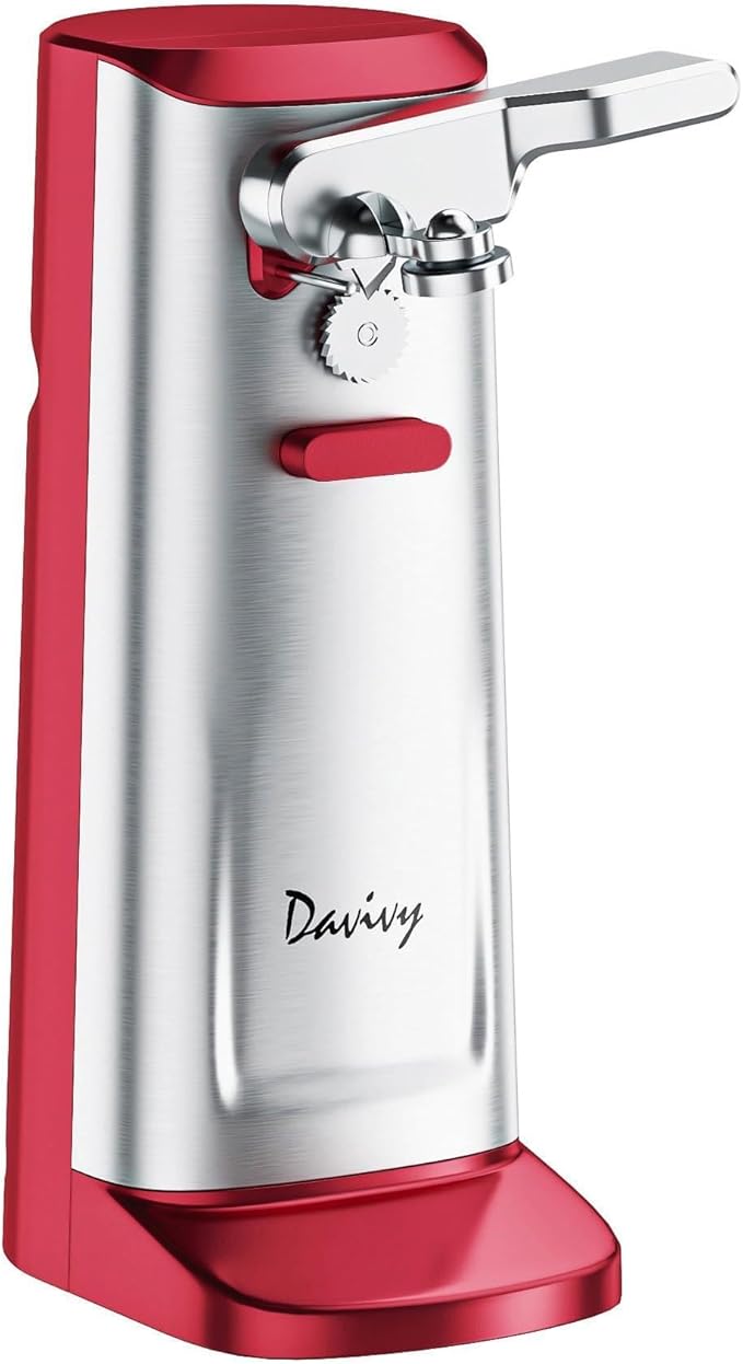 Davivy Electric Can Opener, Removable Stainless Steel Cutter and 3-in-1 Design with Sharpener and Bottle Opener (Red-Stainless Steel)