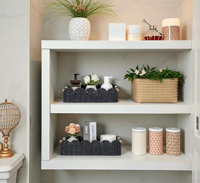CubesLand Toilet Paper Storage Basket, Scalloped Edge Shelves Basket for Organizing for Over Toilet Tank Storage, Home Decor Baskets for Shelf, Countertop, Living Room, Bedroom, Handwoven, Black