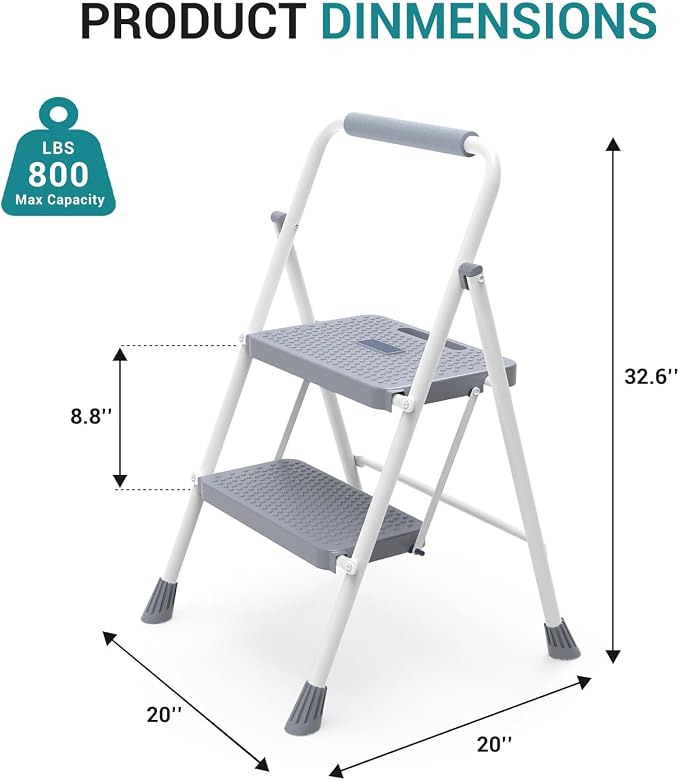 OLIXIS 2 Step Ladder, 800lbs Capacity Foldable Step Stool with Anti-Slip Pedal, Sturdy Steel Ladder & Comfortable Handrail, Protable Heavy Duty Step Stool for Kitchen, Garage, Outdoor Use - Grey