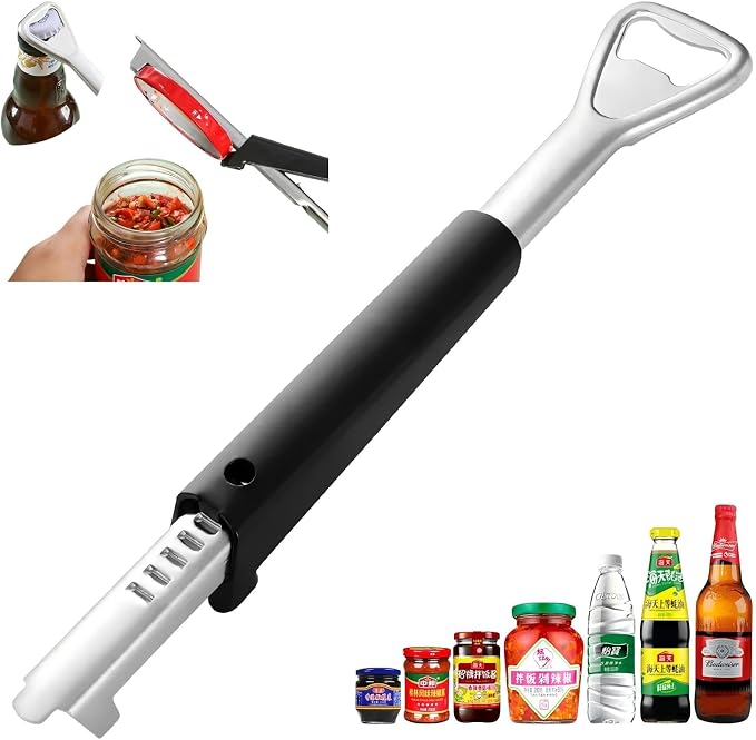 Stainless Steel Jar Opener with Ergonomic Long Handle, Adjustable Bottle and Lid Opener for Seniors, Weak Hands, Arthritis