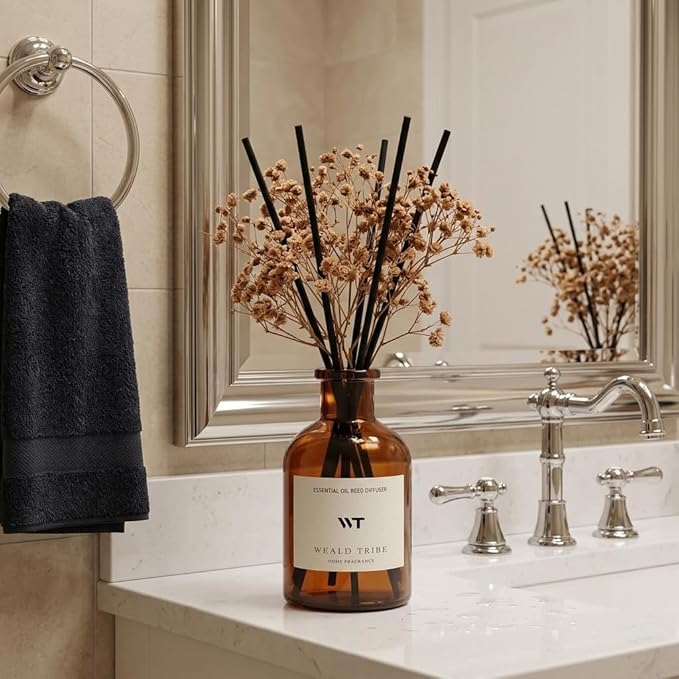 WEALD TRIBE Reed Diffuser Set for Bathroom Air Fresheners, Oil Diffuser Sticks | Vanilla Whiskey Scent 4.0 fl oz Home Fragrance with Sticks Defusers | House Bedroom Office Shelf Decor