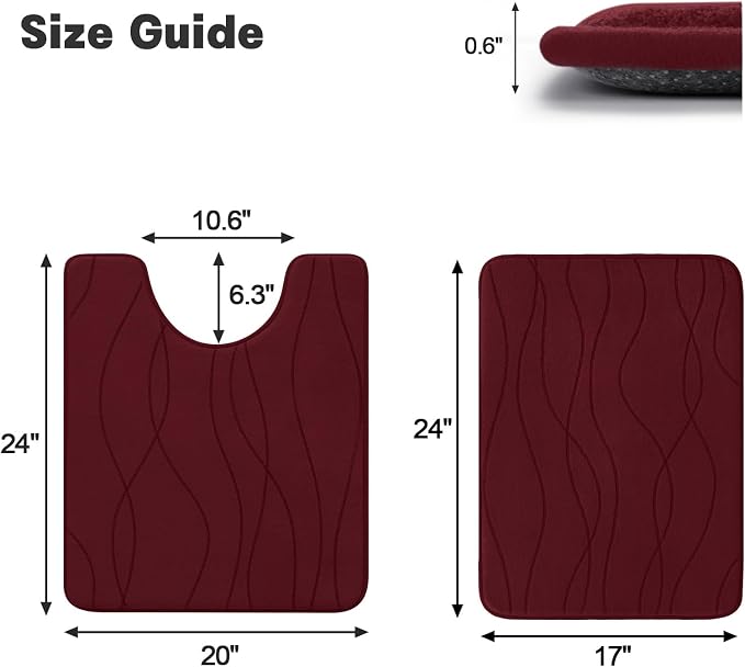 YIHOUSE Memory Foam Bathroom Rug Sets, Red, 2 Piece-U Shape & Small Mat | Ultra Soft, Absorbent, Non-Slip, Machine Washable