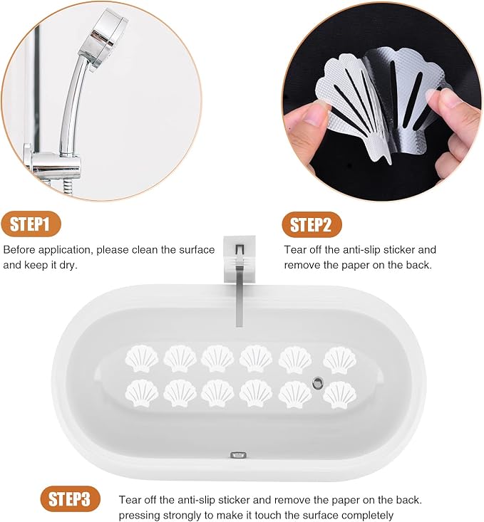 Secopad Non-Slip Bathtub Stickers, 24 PCS Shell Safety Bathroom Tubs Showers Treads Adhesive Decals Scraper (White)