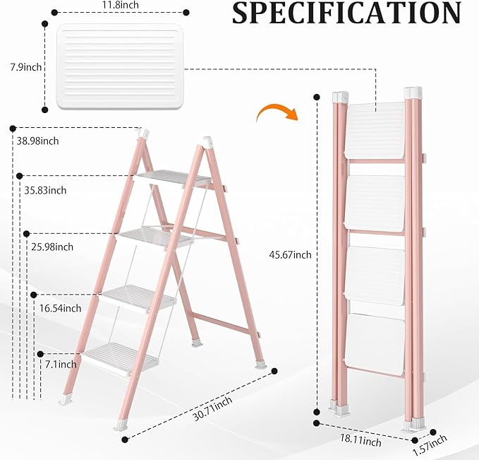 DIAMONDFORGE 4 Step Folding Ladder, Heavy Duty Steel Step Stool with Anti-Slip Wide Pedal & Feet, 600 lbs Capacity, Safety Ladder for Home and Office, Pink White