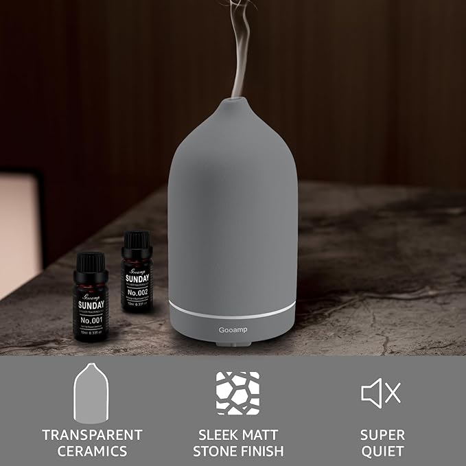 Gooamp 200ML Ceramic Essential Oil Diffuser - Ultrasonic Aromatherapy & Humidifier with 7-Color LED Lights, Auto Shut-Off, Grey, 1H/3H/6H Timer | Scent for Home,Office,Yoga
