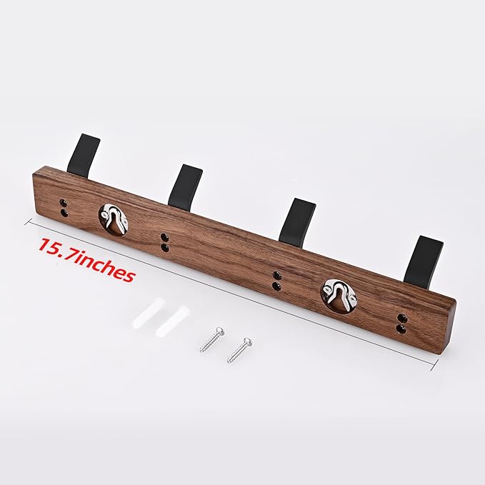 Coat Rack Wall Mount - 15.7 Inches Walnut Wood Coat Hooks Coat Rack Wall Mount with 4 Hooks Black Aluminum Coat Hooks for Hanging Coat Hat Bag Hat Rustproof Coat Hanger