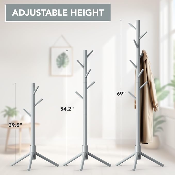 Hupmad Wooden Tree Coat Rack Stand,Sturdy Freestanding Coat Rack with 8 Hooks,3 Adjustable Height for Child Adult,Wood Coat Stand Tree Fits Entryway Bedroom Office for Bags,Hats