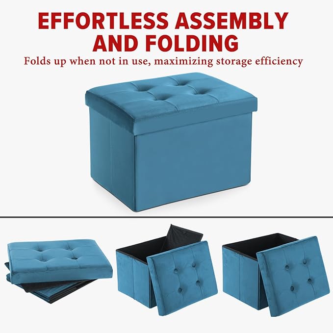 LINMAGCO Storage Ottoman Folding Foot Stool Velvet Foot Rest with Padded Modern Ottoman with Storage for Living Room Puppy Step Stool 17x13x13in(Blue)