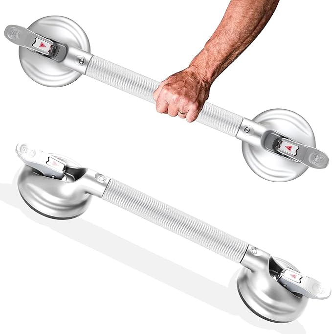 19-Inch Shower Handle - Upgraded Grab Bar with Strong Suction Cups for Bathtub & Shower Safety, Ideal for Seniors, Elderly, Disabled，Silver