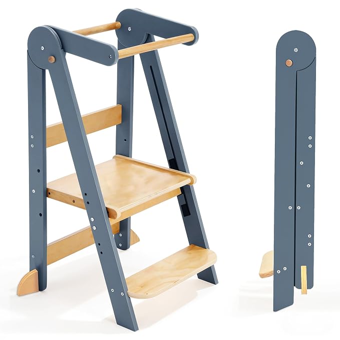 Foldable Toddler Tower Preassembled Kitchen Stool, Folding Tower for Learning with 3 Adjustable Heights Montessori Toddler Standing Tower for Kids Collapsible Wooden Step Stool, Light Gray