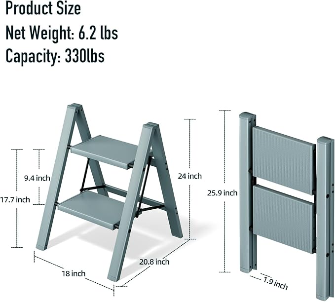Mayi Plus 2 Step Ladder,Aluminum Folding Step Stool for Adults,Step Ladder with Wide Anti-Slip Pedal,330 lbs Capacity for Home,Office,Kitchen,Library(Blue)
