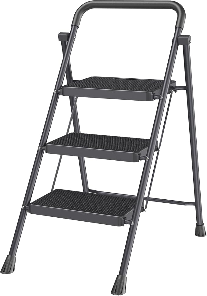 Black 3 Step Stool Foldable – Heavy-Duty Foldable Step Stool for Adults, 500 lbs Capacity, Anti-Slip Feet & Wide Steps, Sturdy Steel Frame, Lightweight & Space-Saving Design for Home, Kitchen & Garage