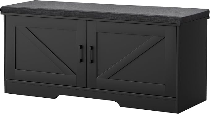 HOMSHO 2-Tier Storage Bench, 39.4" Wide Shoe Bench with Padded Seat Cushion, Entryway Bench with 2 Barn Doors and Adjustable Shelf, Black