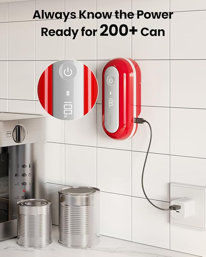 Canslab RETRO Electric Can Opener, Auto-Stop One-Touch Operation, USB Rechargeable with LED Battery Track, Side Cut Smooth Edge Can Opener for Seniors with Arthritis, Wall-Mountable Small Size, Red