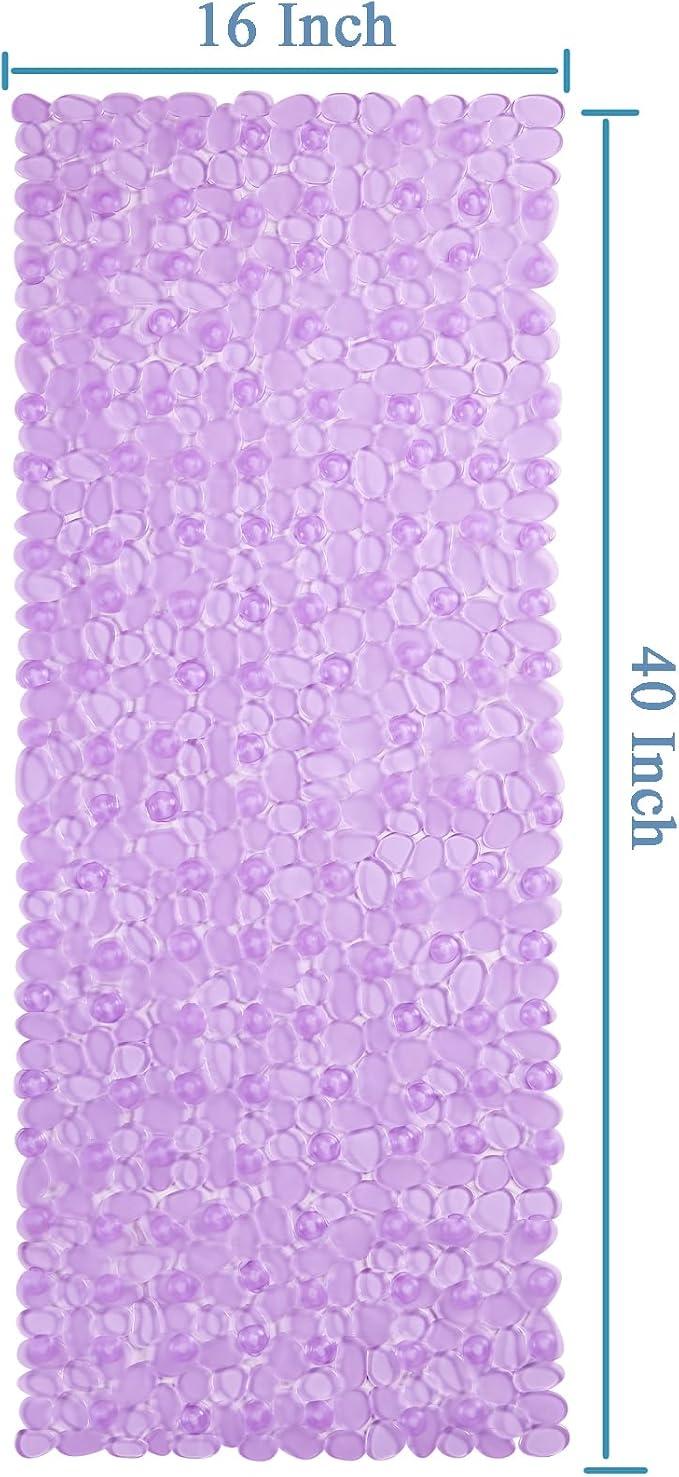 Webos Bath Shower Mat Non Slip: Extra Large Pebble Bathtub mat for Families, Anti Slip Shower Matt with Drain Holes Suction Cups Tub Mat - 16 X 40 Inch Clear Purple