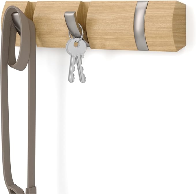 Umbra Flip Wall-Mounted Coat Rack with 3 Hooks – Modern, Space-Saving Storage for Hats, Jackets, Bags, Entryway, Mudroom, Closet, Bathroom, Bedroom – Natural/Nickel