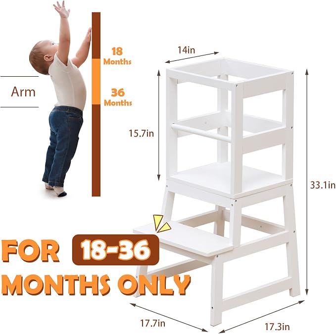 Kitchen Step Stool for Toddlers with Non-Slip Mat, WOOD CITY Wooden Kids Montessori Learning Stool Tower, Toddler Standing Tower Helper for Kitchen Counter and Bathroom Sink(White)