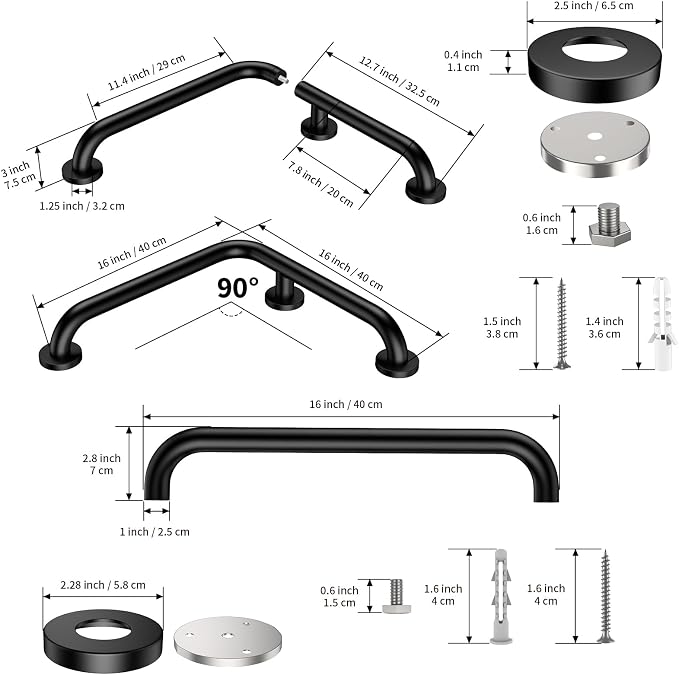 16 Inch Angled Grab Bar, iHansee L-Shaped Shower Grab Bar w/16 Inch Straight Bathroom Balance Bar, Stainless Steel Safety Handle for Seniors Elderly Injury Handicap, Matte Black