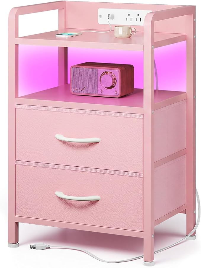 Lazzanto Night Stand Bedside Charger Bedroom - Nightstand with Charging Station & LED Light Strip, Night Stand with Storage Shelf & 2 Fabric Drawers, Morden End Table with USB Ports&AC Outlets,Pink