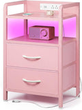 Lazzanto Night Stand Bedside Charger Bedroom - Nightstand with Charging Station & LED Light Strip, Night Stand with Storage Shelf & 2 Fabric Drawers, Morden End Table with USB Ports&AC Outlets,Pink