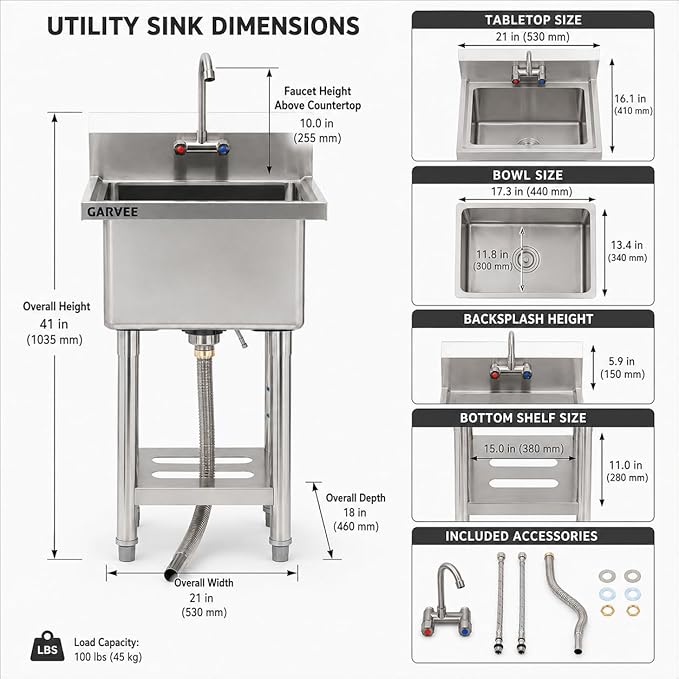 Freestanding Utility Sink 21" x 18" x 41", Stainless Steel American Style Single Bowl with T-Shaped Faucet, Cold Gray Finish, Compact Laundry Room, Balcony, Small Utility Spaces, Easy Clean Surface