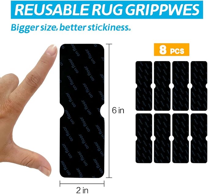 Rug Gripper for Hardwood Floors: 8 PCS No Damage Rug Tape - Anti Slip Rug Grips for Area Rugs – Secure Carpet Tape for Wood Floors, Safe & Strong Hold (8)