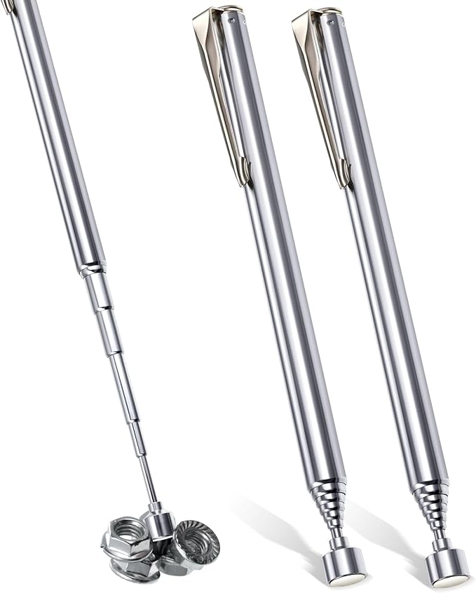 Patelai 2 Pieces Telescoping Magnetic Pick up Tool Grabbers Reacher Tools with Pocket Clip 25 Inch Telescopic Retrieving Magnet Gift for Man, Father, Mechanic, Handyman, Husband (Silver)