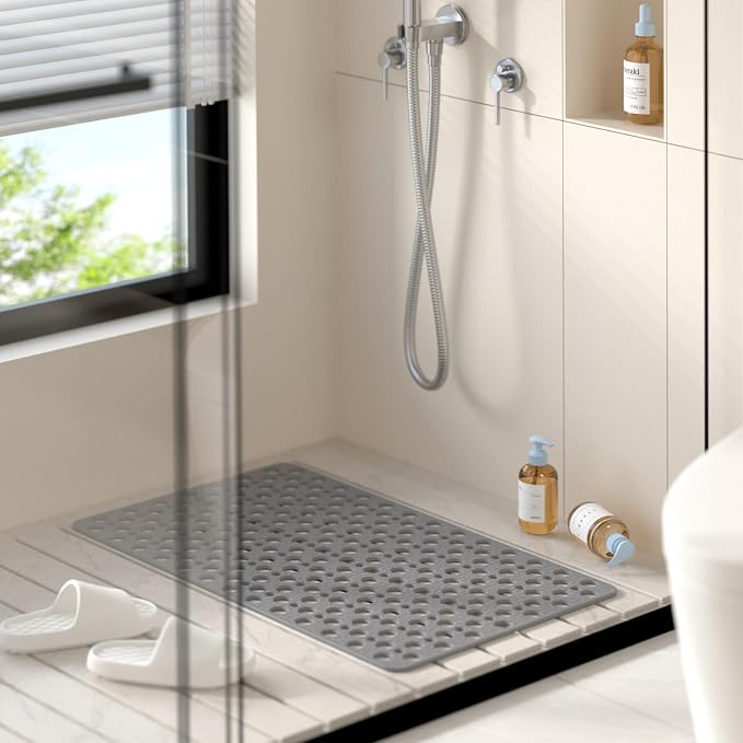 HITSLAM Bathtub Mat Non Slip, Soft TPE Bath Mat for Tub, Efficient Drainage Bathroom Shower Mat with Suction Cups, Bath Tub Mat, Easy to Clean, 28 x 15 Inch, Grey