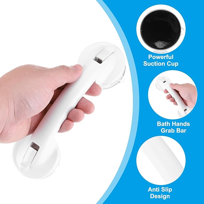 uxcell Grab Bars for Bathtubs and Showers, 8.3" Mirror Glass Door and Window Handles Powerful Shower Suction Cup Anti-Slip Safety Bars for Senior Shower Chairs White