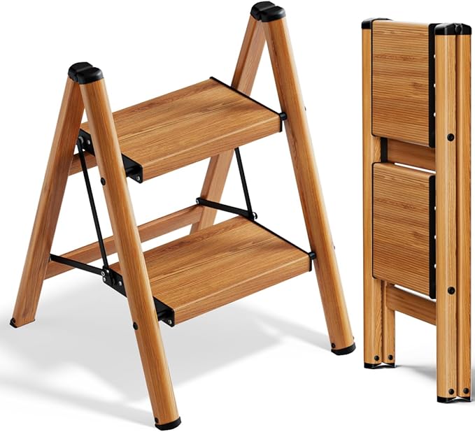 SOLADDER 2 Step Ladder, Folding Step Stool with Anti-Slip Wide Sturdy Pedal, Multi-Use for Home and Kitchen Use, Space Saving-Woodgrain(300lbs Capacity)