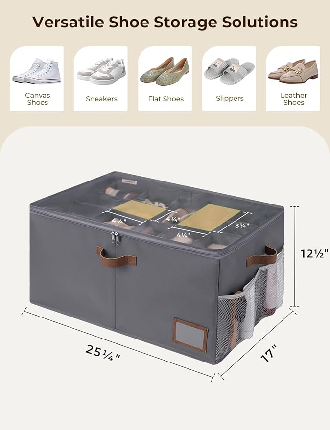 StorageWorks Shoe Organizer for Closet, Shoe Storage Containers for Entryway, Fabric Shoe Storage Organizer for Slippers and Flats, Shoe Storage Bins with Side Mesh Pocket, Fits up to 20 Pairs, Grey