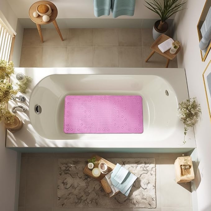 Bathtub Mat Non Slip 36” X 17” Pink Shower Mat Soft Foam Bath Mats for Bathroom Tub, Bathtub Mat with Drain Holes, Suction Cups, Shower Mat Non Slip