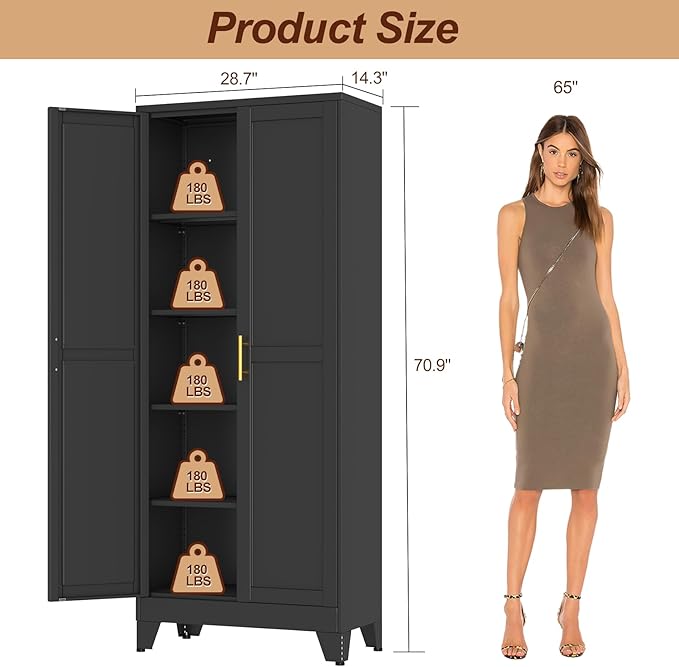 71" Black Metal Garage Storage Cabinet with 2 Doors and 4 Adjustable Shelves,Kitchen Pantry Cabinet,File Cabinet,Steel Tool Cabinet for Home,Office,Garage,School,Warehouse