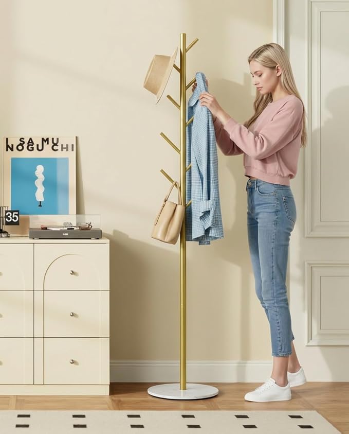 Coat Rack with 8 Hooks, 3 Adjustable Heights, Modern Hall Tree, Sturdy Metal Clothes Stand with Sintered Stone Base for Entryway, Office, Bedroom, for Coats, Hats, Handbags and Scarves, Gold