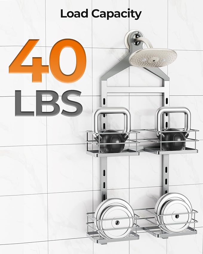 ODesign 2 Tier Height-Adjustable Shower Caddy Hanging Anti-Swing-Over The Shower Head Caddy-Storage Organizer Bathroom Shelves Basket-Silver