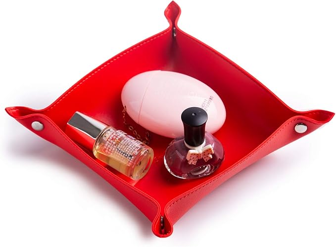 Leather Jewelry Valet Tray for Women and Man, Portable Entryway Table Tray Bedside Nightstand Desk Tray Small Catchall Travel Dish Plate for Key,Wallet,Watch,Coin (Red-B)