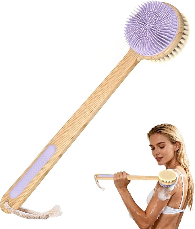 Back Scrubber for Shower - Double-Sided Silicone and Super-Dense Bristles for Deep Cleaning & Exfoliation, Bamboo Long Handle with Wider Anti-Slip Grip, Body Exfoliator for Wet or Dry Brushing